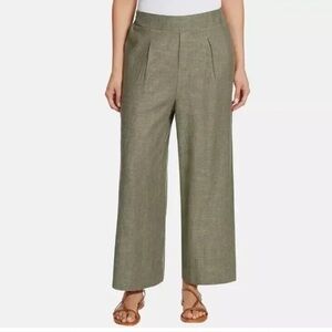 Wide-Leg Linen-Blend Pants in Olive Green